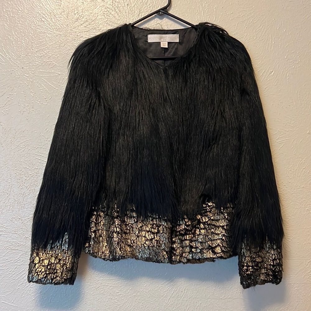 Boston Proper Womens Black and Gold Faux Fur Jacket Size 6